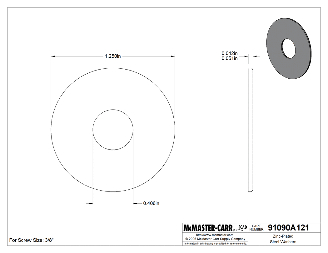 Technical Drawing of Zinc-Plated Steel Washers, Oversized, for 3/8" Screw Size, 0.406" ID, 1.250" OD.